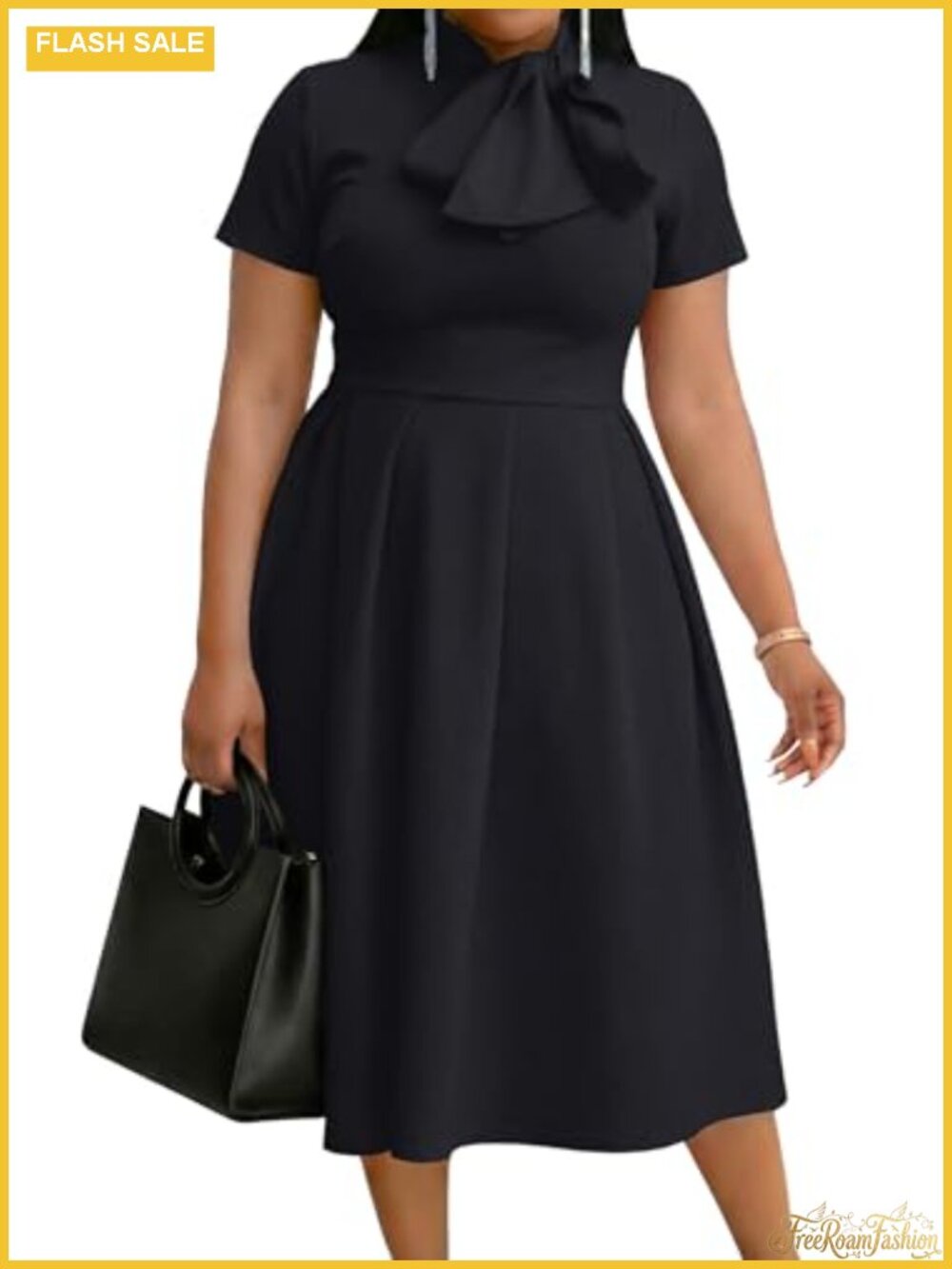 Womens Midi Dress Short Sleeve Tie Neck A-Line Fit Flare with Pockets 95%